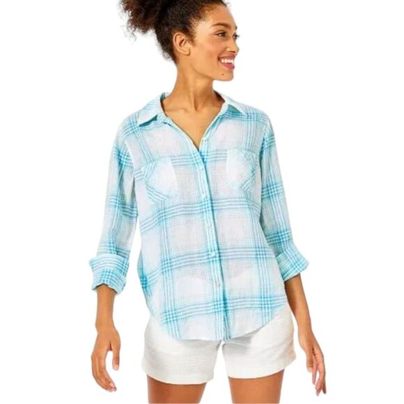 Lilly Pulitzer Linen Sea View Button Down Top Shirt Blue Beach Day Plaid Medium - Picture 2 of 13